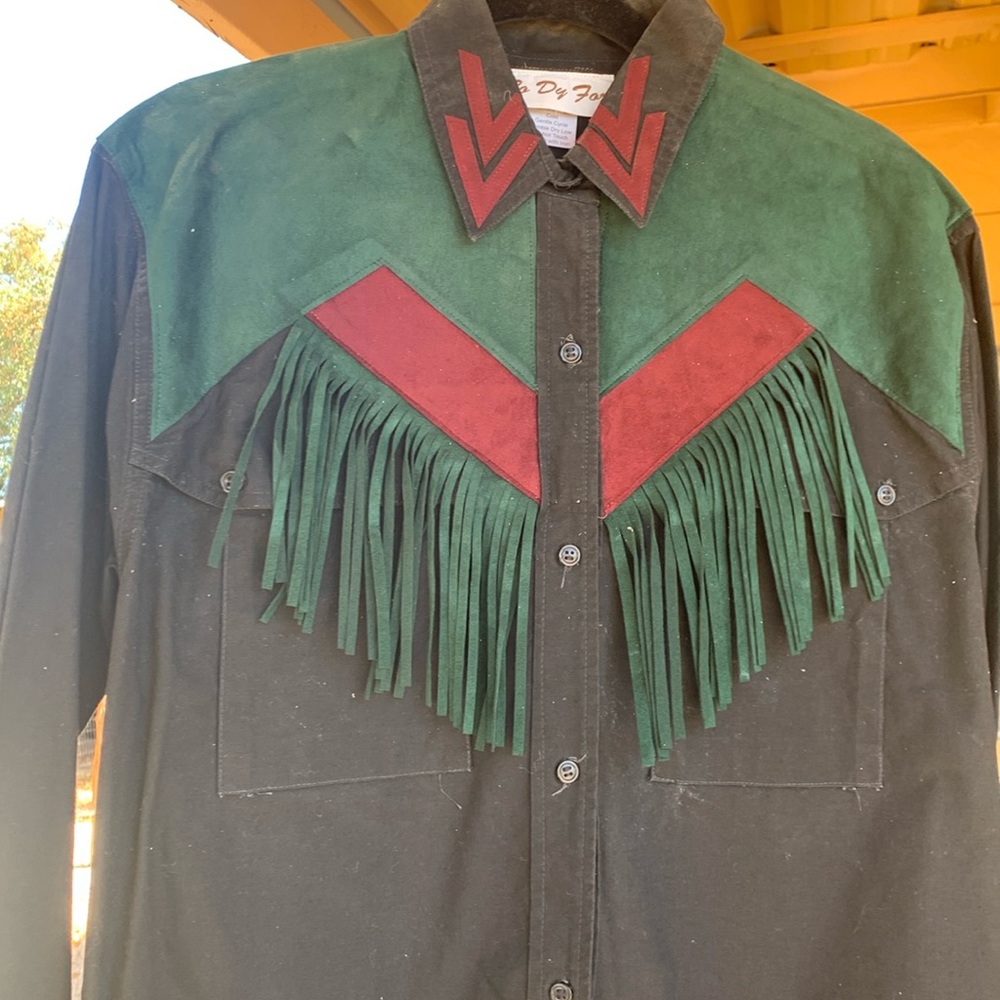 Western Rodeo Shirt Green & Burgundy Suede Size Large